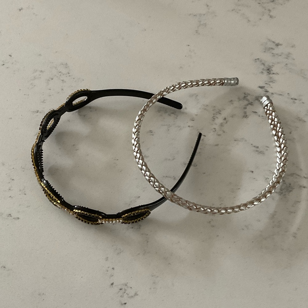 Headbands, Set of 2, Black Plastic with Bling, Silver Leather Double Braid